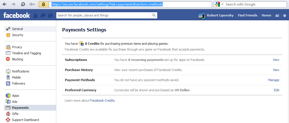 fb payment settings